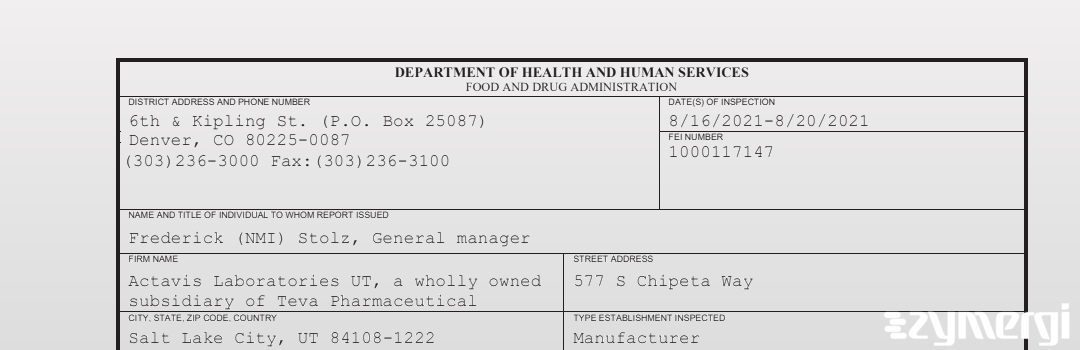 FDANews 483 Actavis Laboratories UT, a wholly owned subsidiary of Teva Pharmaceutical Aug 20 2021 top