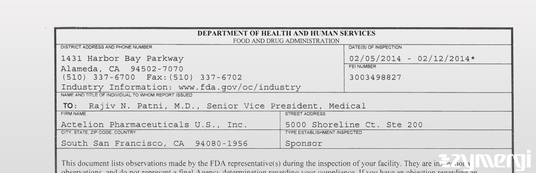 FDANews 483 Actelion Pharmaceuticals U.S., Inc. Feb 12 2014 top