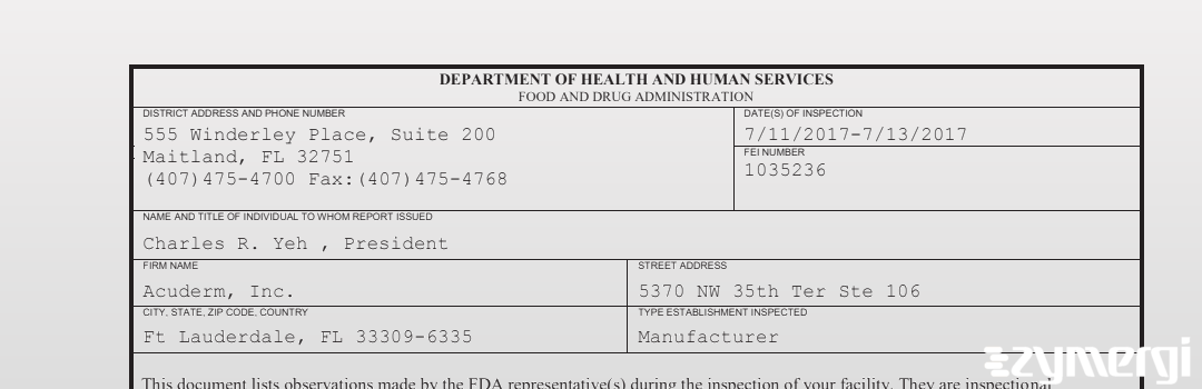 FDANews 483 Acuderm, Inc. Jul 13 2017 top