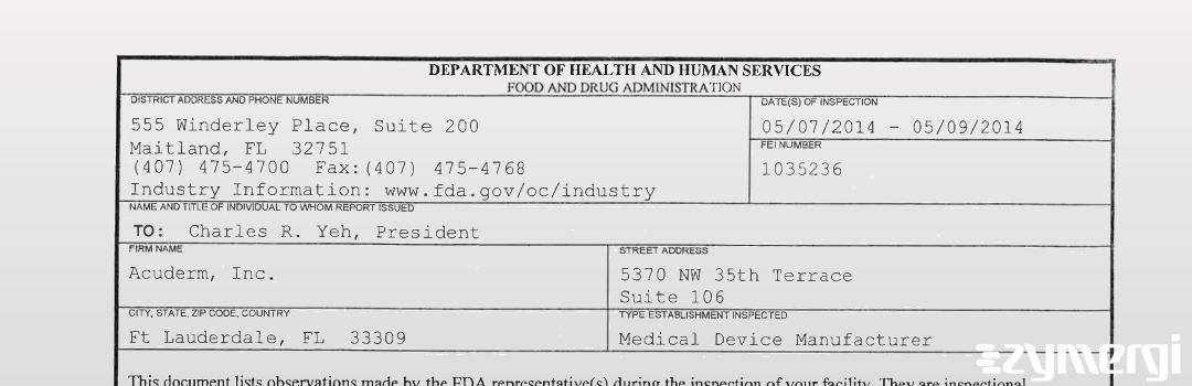FDANews 483 Acuderm, Inc. May 9 2014 top