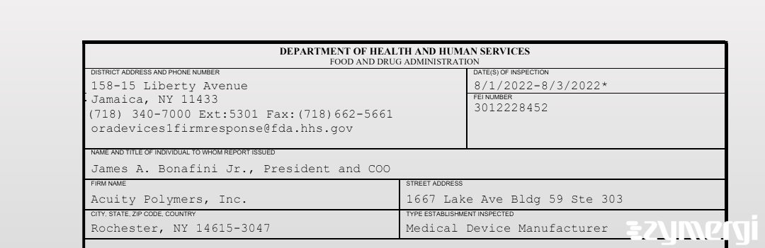 FDANews 483 Acuity Polymers, Inc. Aug 3 2022 top