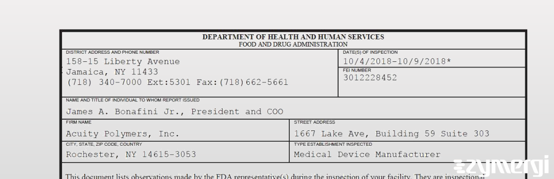 FDANews 483 Acuity Polymers, Inc. Oct 9 2018 top