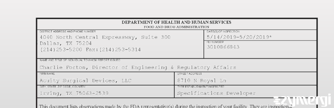 FDANews 483 Acuity Surgical Devices, LLC May 20 2019 top