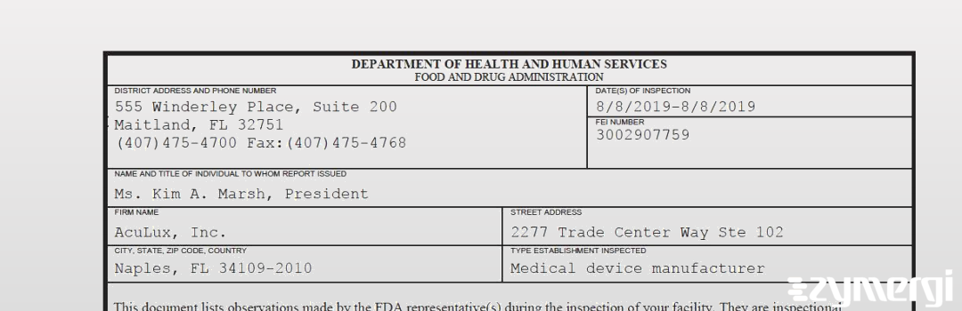 FDANews 483 AcuLux, Inc. Aug 8 2019 top