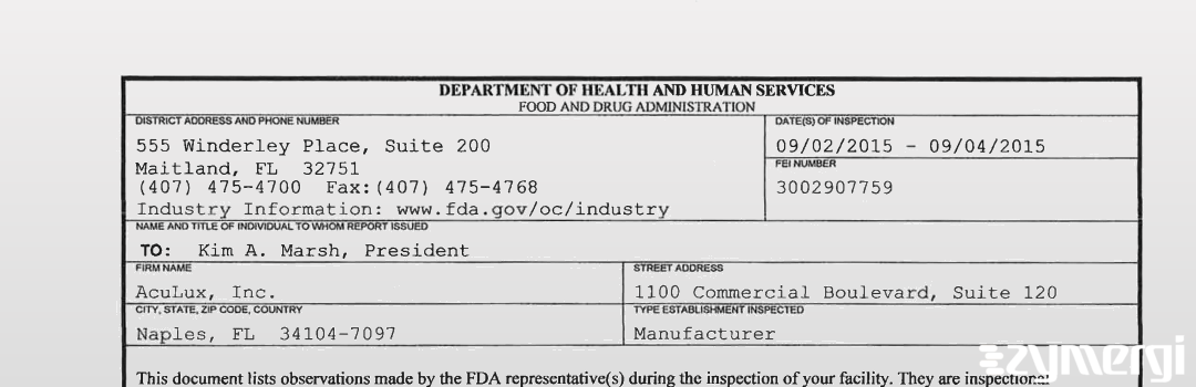 FDANews 483 AcuLux, Inc. Sep 4 2015 top