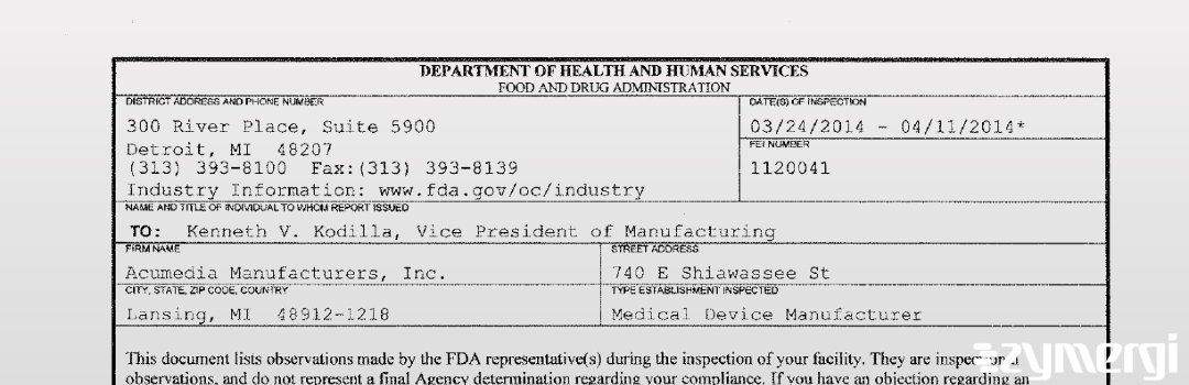 FDANews 483 Acumedia Manufacturers, Inc. Apr 11 2014 top