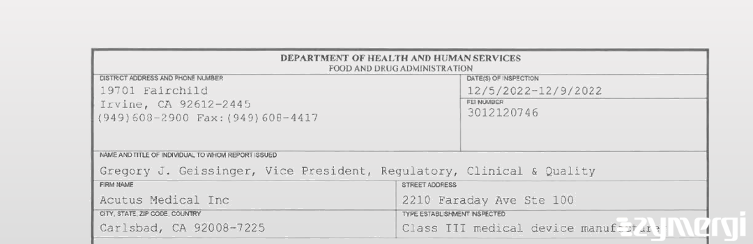 FDANews 483 Acutus Medical Inc Dec 9 2022 top