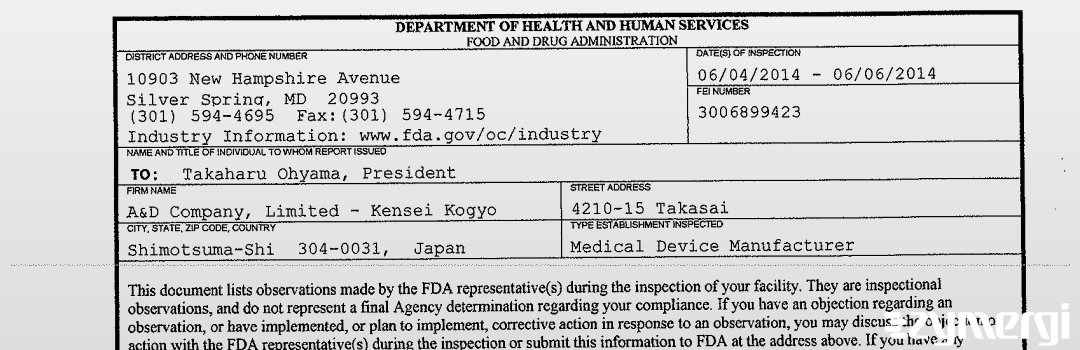 FDAzilla 483 A&D Company, Limited - Kensei Kogyo Jun 6 2014 top