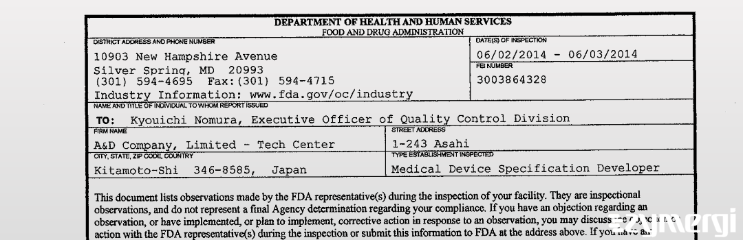 FDAzilla 483 A&D Company, Limited - Tech Center Jun 3 2014 top