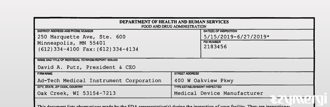 FDANews 483 Ad-Tech Medical Instrument Corporation Jun 27 2019 top