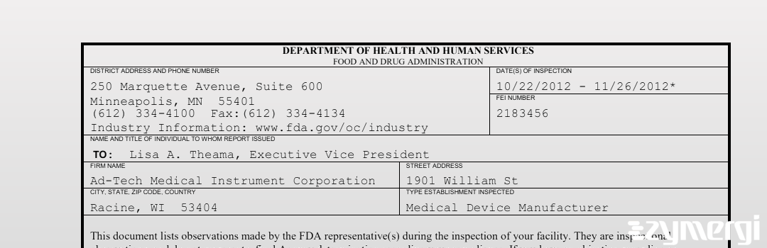 FDANews 483 Ad-Tech Medical Instrument Corporation Nov 26 2012 top