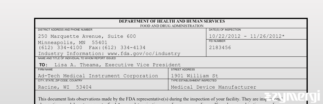 FDANews 483 Ad-Tech Medical Instrument Corporation Nov 26 2012 top