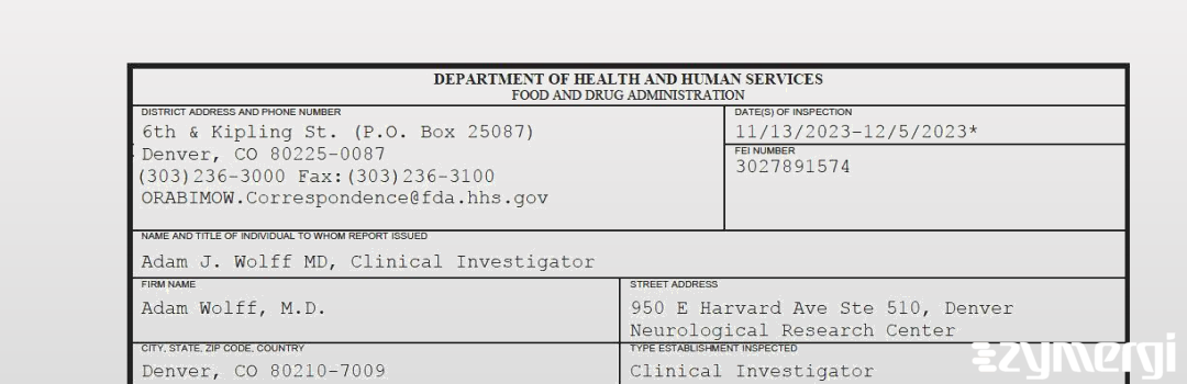 FDANews 483 Adam J. Wolff, M.D. Dec 5 2023 top