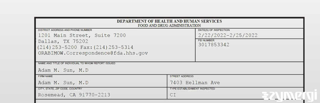 FDANews 483 Adam Sun, M.D Feb 25 2022 top