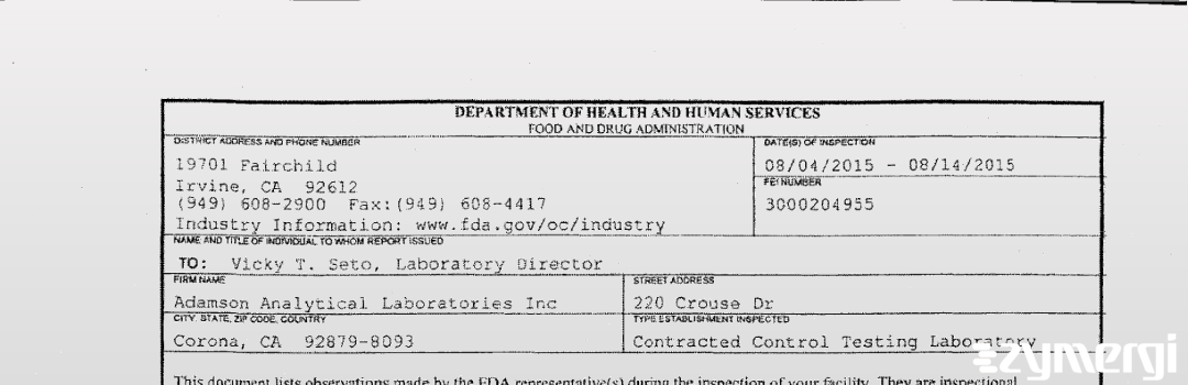 FDANews 483 Adamson Analytical Laboratories, Inc. Aug 14 2015 top