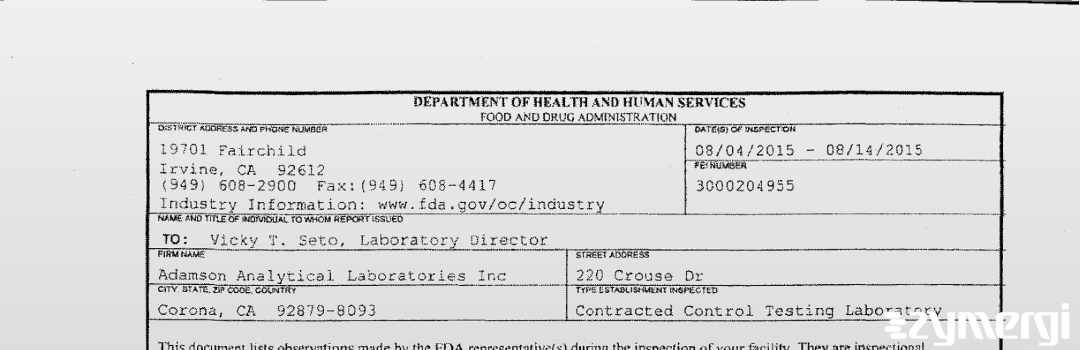 FDANews 483 Adamson Analytical Laboratories, Inc. Aug 14 2015 top