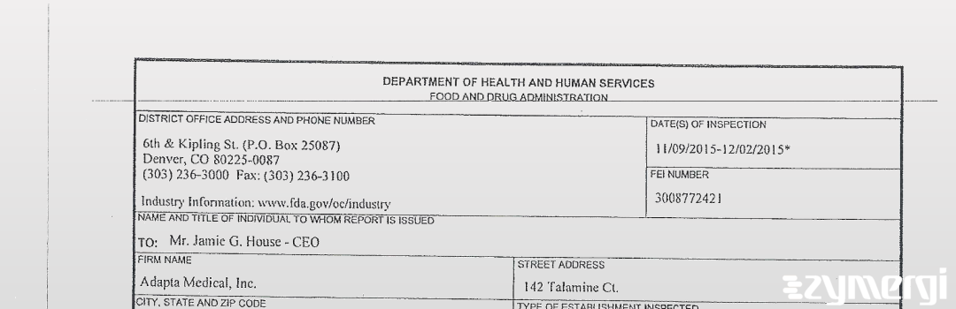 FDANews 483 Adapta Medical, Inc. Dec 2 2015 top