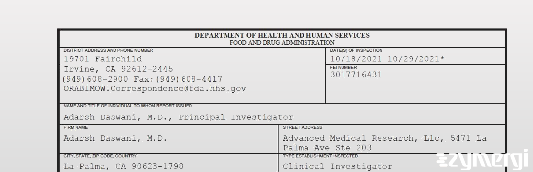 FDANews 483 Adarsh Daswani, M.D. Oct 29 2021 top