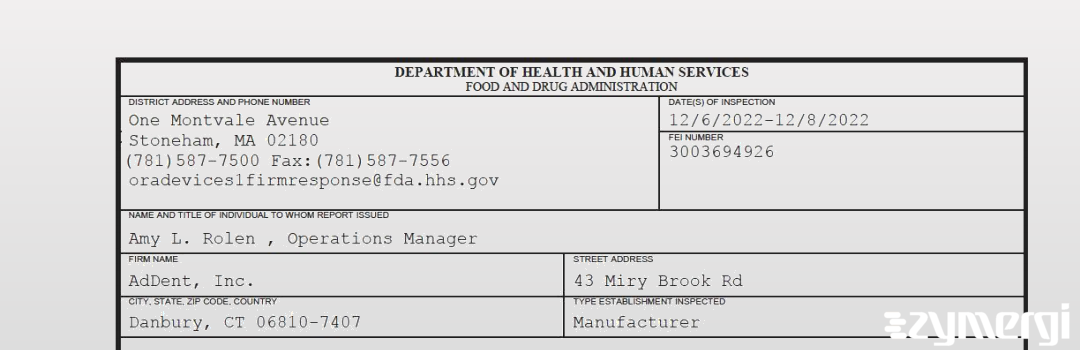 FDANews 483 AdDent, Inc. Dec 8 2022 top