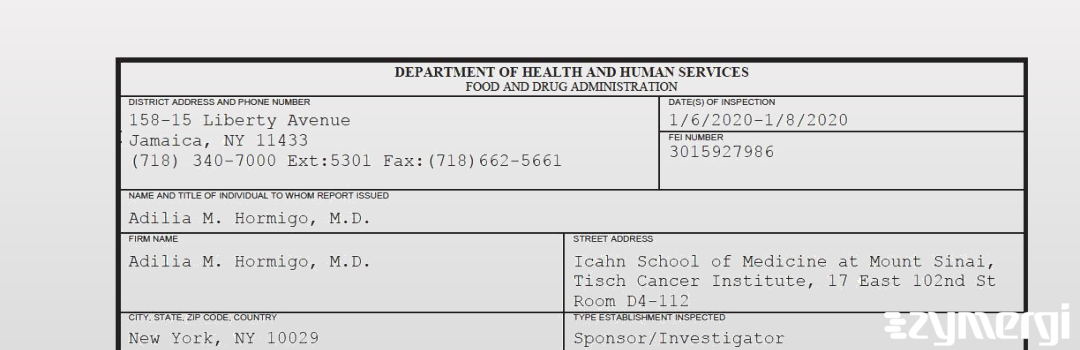 FDANews 483 Adilia M. Hormigo, M.D. Jan 8 2020 top