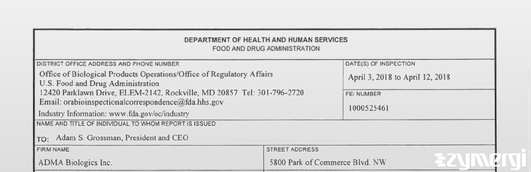 FDANews 483 ADMA Biologics, Inc Apr 12 2018 top