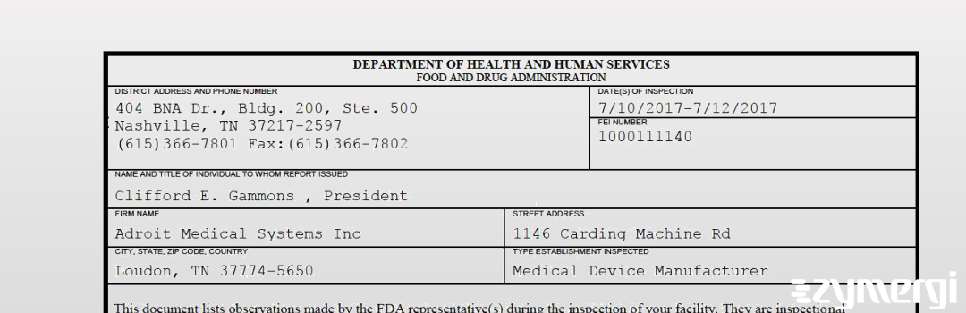 FDANews 483 Adroit Medical Systems Inc Jul 12 2017 top