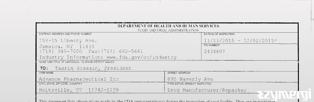 FDANews 483 Advance Pharmaceutical Inc Dec 2 2015 top