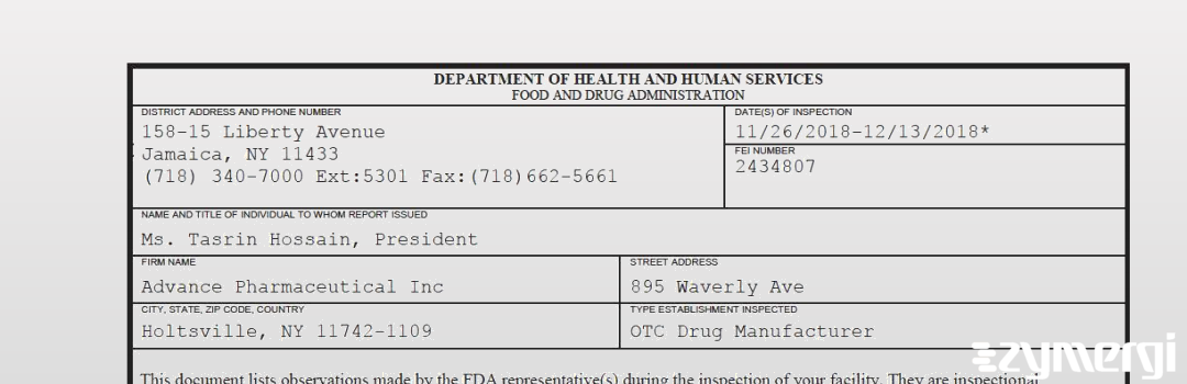 FDANews 483 Advance Pharmaceutical Inc Dec 13 2018 top