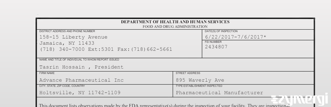 FDANews 483 Advance Pharmaceutical Inc Jul 6 2017 top