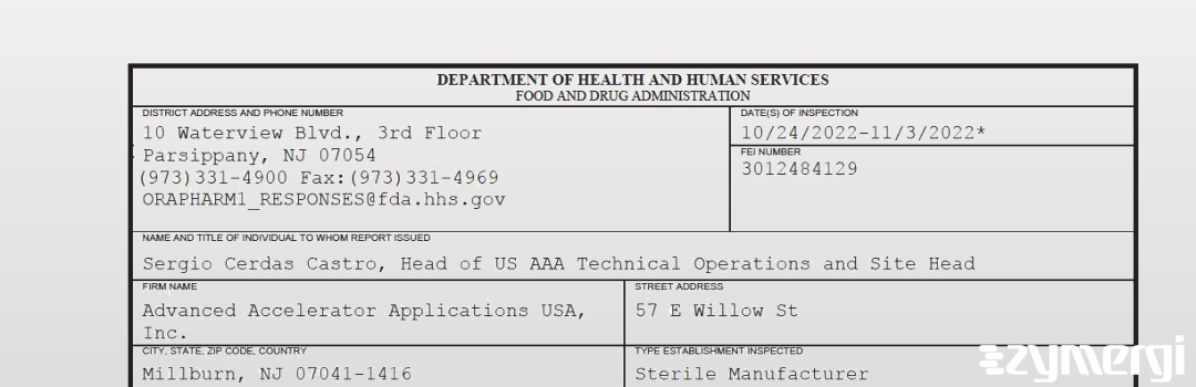 FDANews 483 Advanced Accelerator Applications USA, Inc. Nov 3 2022 top