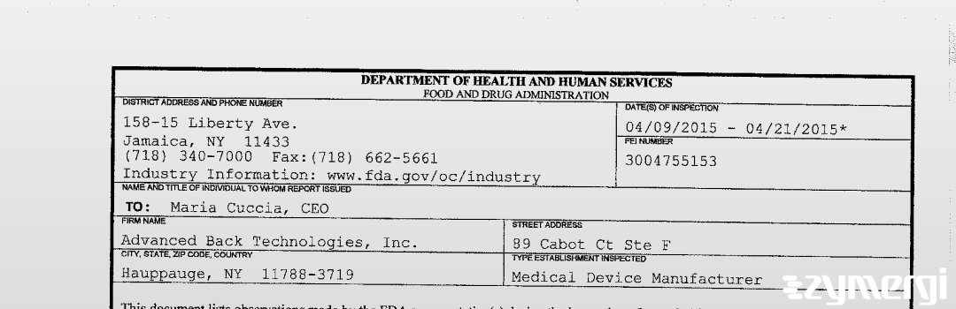 FDANews 483 Advanced Back Technologies, Inc. Apr 21 2015 top