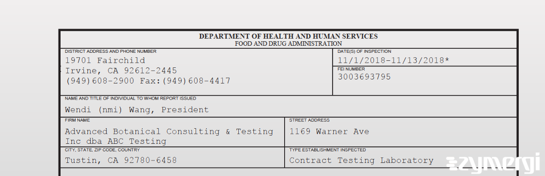 FDANews 483 Advanced Botanical Consulting & Testing Inc dba ABC Testing Nov 13 2018 top