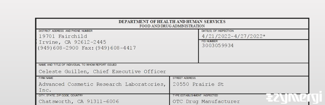 FDANews 483 Advanced Cosmetic Research Laboratories, Inc. Apr 27 2022 top