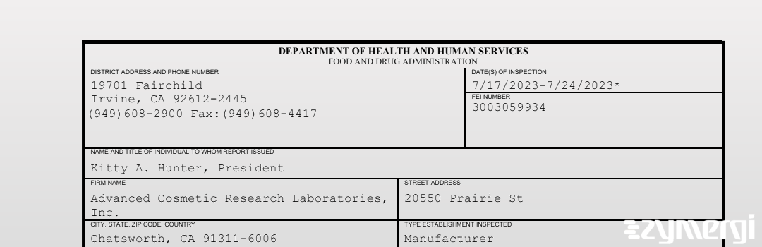 FDANews 483 Advanced Cosmetic Research Laboratories, Inc. Jul 24 2023 top