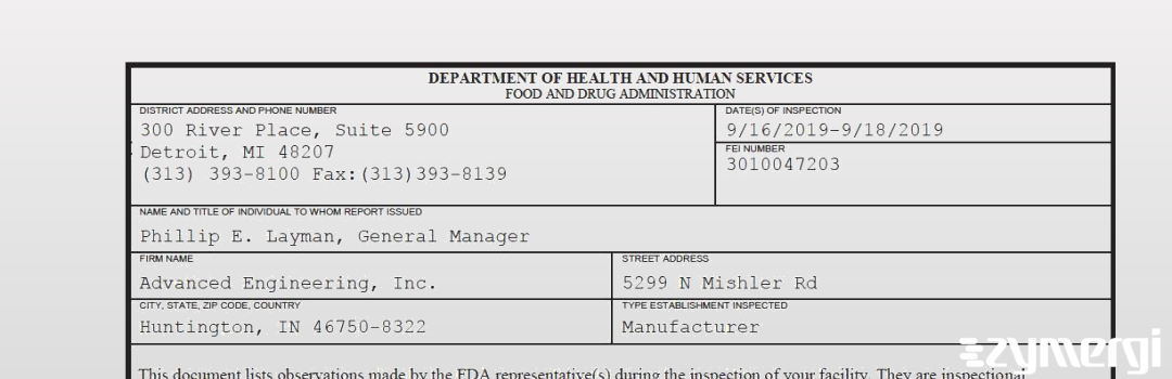 FDANews 483 Advanced Engineering, Inc. Sep 18 2019 top