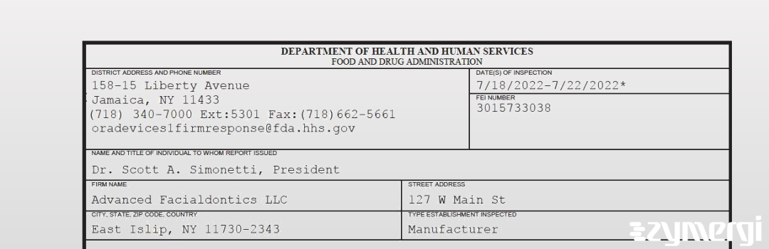 FDANews 483 Advanced Facialdontics LLC Jul 22 2022 top