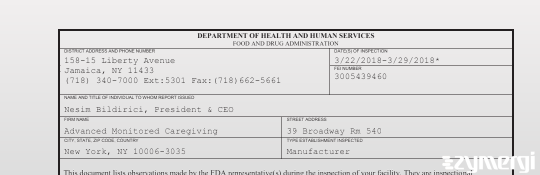 FDANews 483 Advanced Monitored Caregiving Mar 29 2018 top