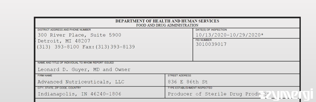 FDANews 483 Advanced Nutriceuticals, LLC Oct 29 2020 top