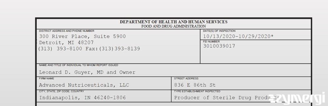 FDANews 483 Advanced Nutriceuticals, LLC Oct 29 2020 top