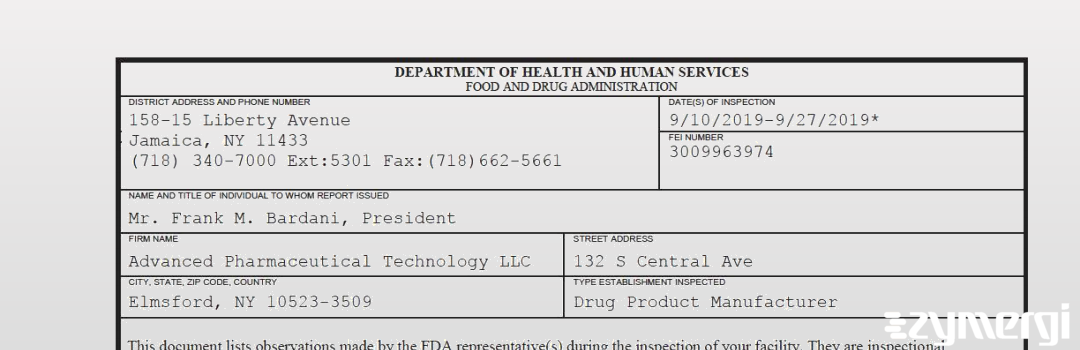 FDANews 483 Advanced Pharmaceutical Technology LLC Sep 27 2019 top