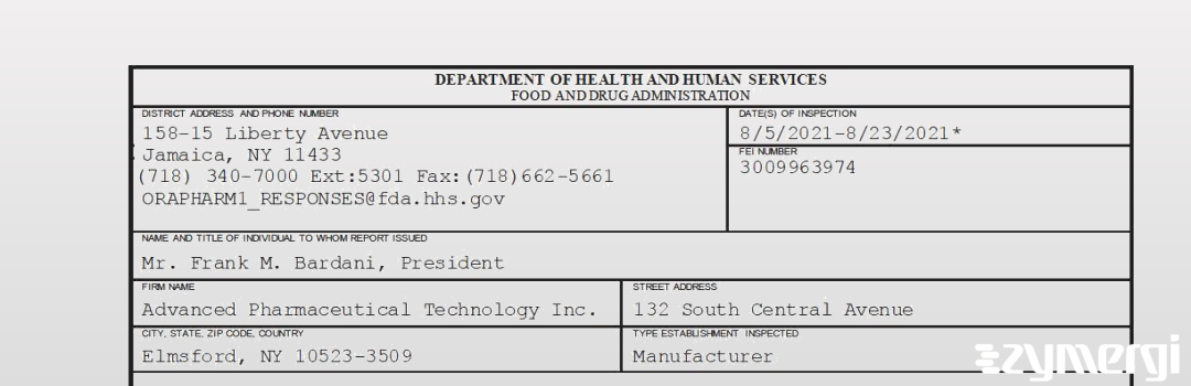 FDANews 483 Advanced Pharmaceutical Technology Inc. Aug 23 2021 top