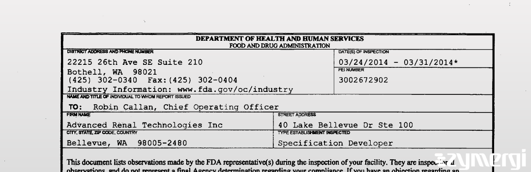 FDANews 483 Advanced Renal Technologies Inc Mar 31 2014 top