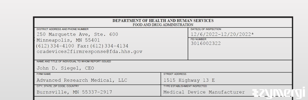 FDANews 483 Advanced Research Medical, LLC Dec 20 2022 top