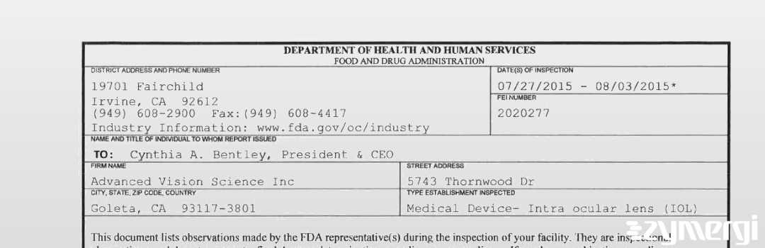 FDANews 483 Advanced Vision Science Inc Aug 3 2015 top