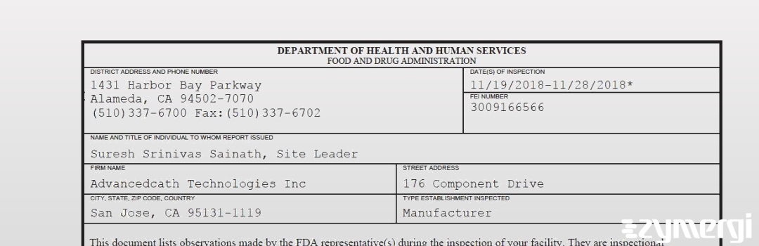 FDANews 483 Advancedcath Technologies Inc Nov 28 2018 top