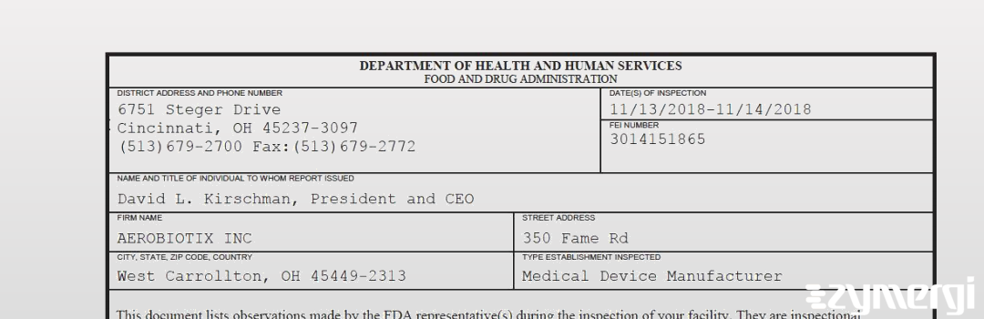 FDANews 483 AEROBIOTIX INC Nov 14 2018 top