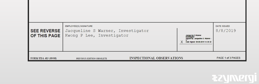 Kwong P. Lee FDA Investigator Jacqueline S. Warner FDA Investigator 