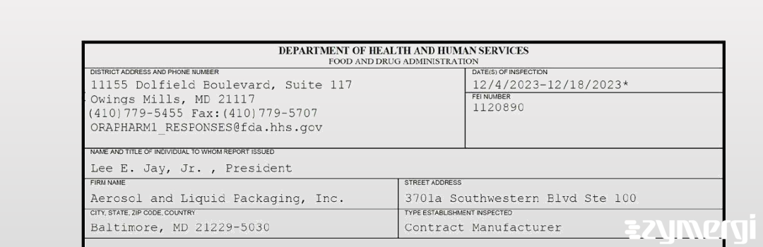 FDANews 483 Aerosol and Liquid Packaging, Inc. Dec 18 2023 top