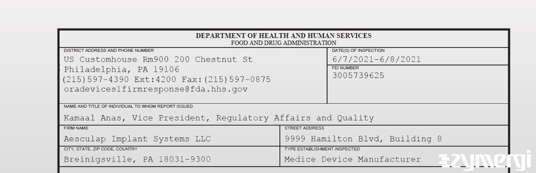 FDANews 483 Aesculap Implant Systems LLC Jun 8 2021 top