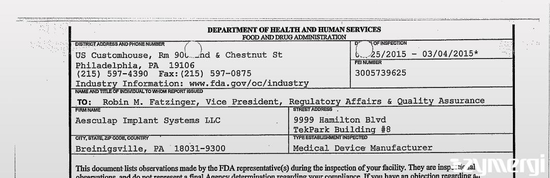 FDANews 483 Aesculap Implant Systems LLC Mar 4 2015 top